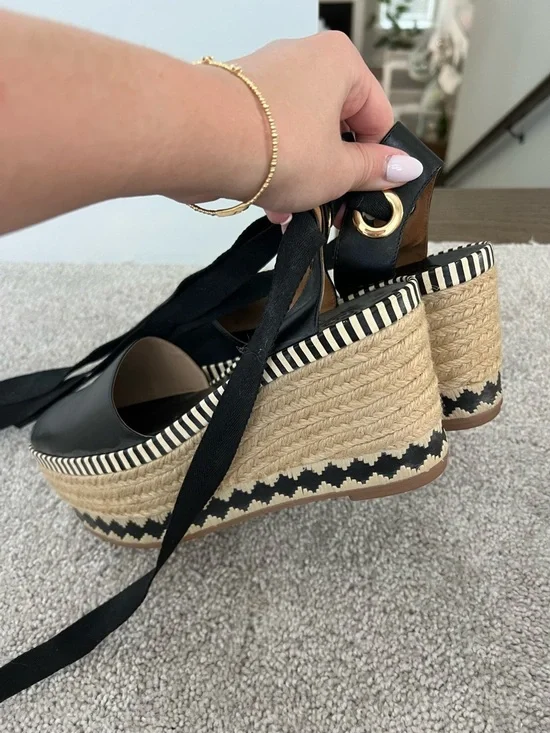 Tory Burch Black Espadrille Platform Sandals with Ankle Tie - Picture 7 of 7